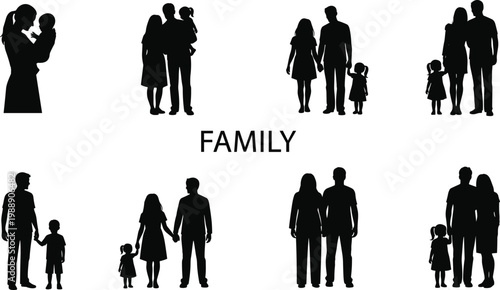 Family silhouettes, parent child figures, unity icons, relationship posture, bonding gesture, household resource, vector illustration, design asset, graphic concept