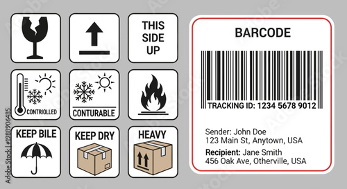 Shipping Label Set with Handling Instructions and Barcode