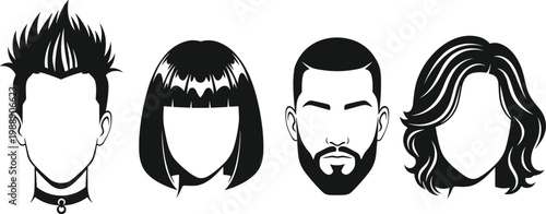 Faceless head silhouettes, hairstyle icons, profile avatars, spiky hair, bob haircut, beard mustache, wavy hair, vector illustration, design resource, graphic asset