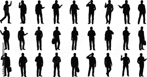 Human silhouettes, standing poses, walking figures, gesture icons, bag carrying, phone posture, everyday activity, design resource, vector illustration, graphic asset
