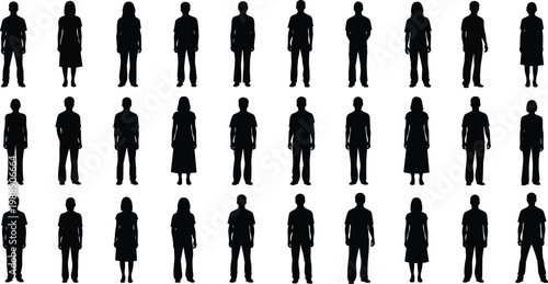 Standing human silhouettes, diverse figures, formal attire, casual clothing, demographic representation, fashion outline, people posture, design illustration concept