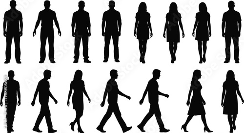Human silhouettes, standing figures, walking poses, dress icons, pants attire, posture variation, gesture illustration, design resource, vector asset, graphic concept