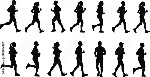 Running silhouettes, jogging figures, athletic icons, fitness posture, dynamic stride, exercise illustration, sports resource, human movement, vector design, graphic asset