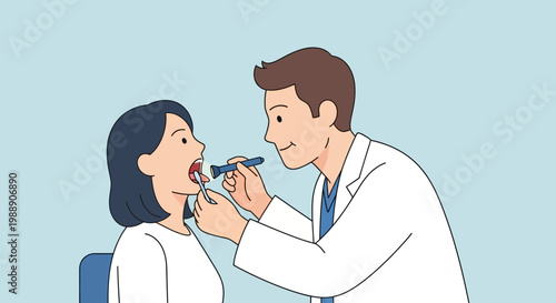 Doctor examining patient's throat with tongue depressor and light