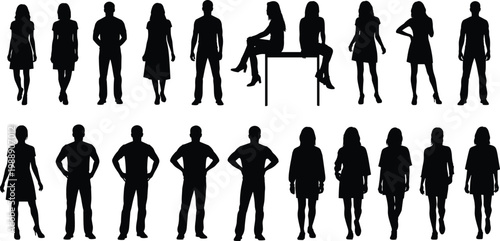 Human silhouettes, standing figures, sitting posture, diverse stances, body gesture, demographic icons, posture variation, design resource, identity concept, vector illustration