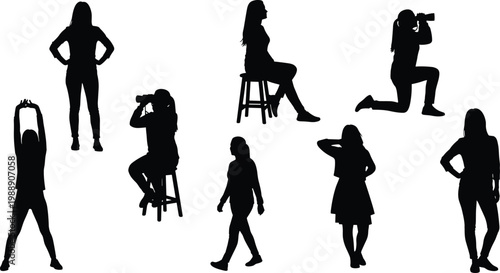 Human silhouettes, standing posture, sitting figures, binoculars icons, stretching gesture, walking stance, expressive body language, design resource, vector illustration, identity concept