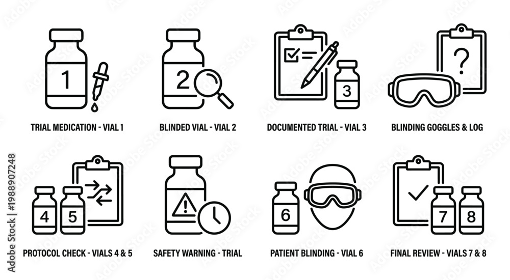 Fototapeta premium Clinical trial icons depicting medication vials blinded samples documentation safety warnings patient consultation.