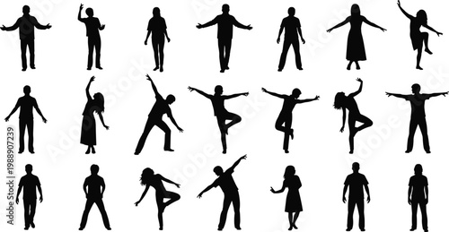 Standing human silhouettes, dynamic poses, expressive gestures, dance posture, leaning stance, movement icons, body language, vector illustration, design resource, graphic asset