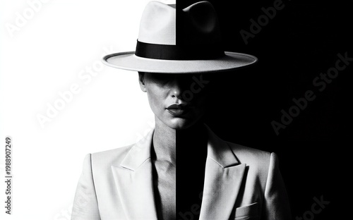 Mysterious woman in white hat and coat half-light half-shadow.