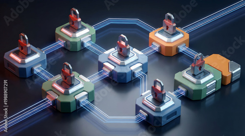 Secure Blockchain Network with Padlocks and Glowing Connections