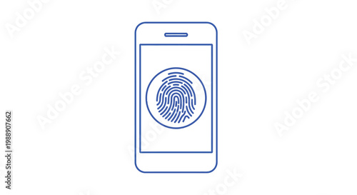 A minimalist blue line drawing depicts a smartphone displaying a fingerprint scan icon high quality professional