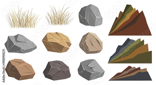 Set of vector illustrations of various rocks, stones, and grass tufts