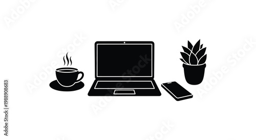 Minimalist workspace setup laptop coffee plant and smartphone