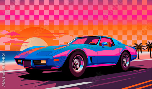 Retro 80s Synthwave illustration of a classic sports car driving on a coastal road at sunset with palm trees and checkered sky background