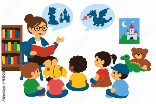 Librarian Reading Story Time to Children Vector