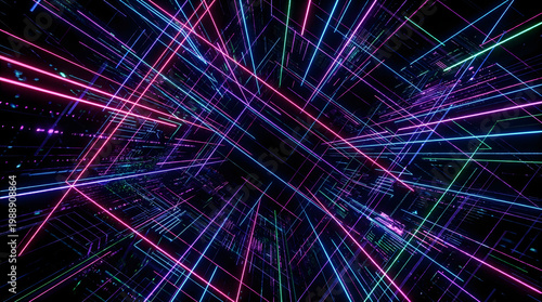 Vibrant neon lines radiate outward in a mesmerizing display of colorful beams on a dark background.