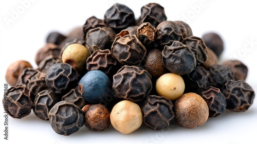 Dark Whole Black Peppercorns and Mixed Colored Peppercorns in a Pile