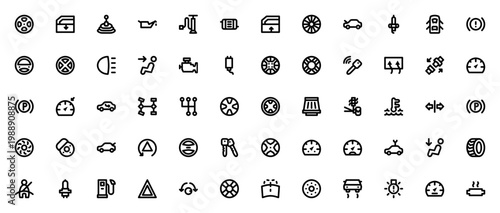 Car parts icon set. Vector automotive symbols for alloy wheel, steering wheel, engine, dashboard, tire, gearshift, radiator and more. Editable stroke.