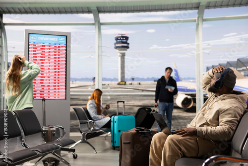 Unhappy black man worried about cancelled airplane departures, surrounded by other stranded upset passengers. Airport scene with red alert boards, bad news notifications and no boarding activity.