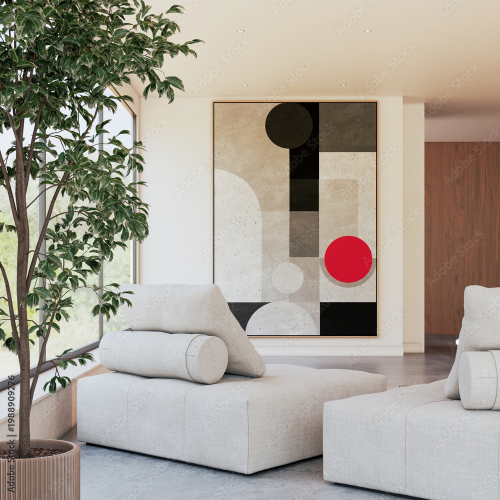 Naklejka premium 3D render, illustration Luxury modern living room interior, realistic lighting, wide angle, contemporary furniture, clean lines, minimalist decor, elegant home design, large window