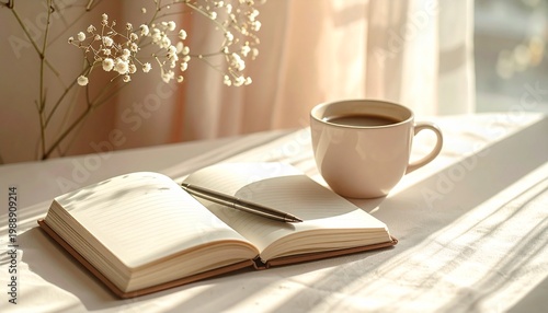 An open book and a warm cup of coffee on a sunlit table with delicate white flowers in the background, creating a serene morning scene.