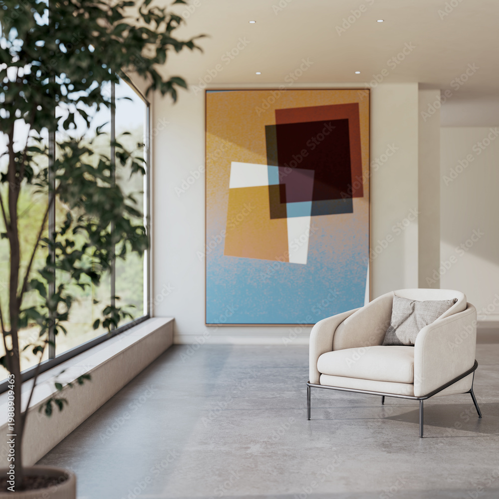 Naklejka premium 3D render, illustration Luxury modern living room interior, realistic lighting, wide angle, contemporary furniture, clean lines, minimalist decor, elegant home design, large window