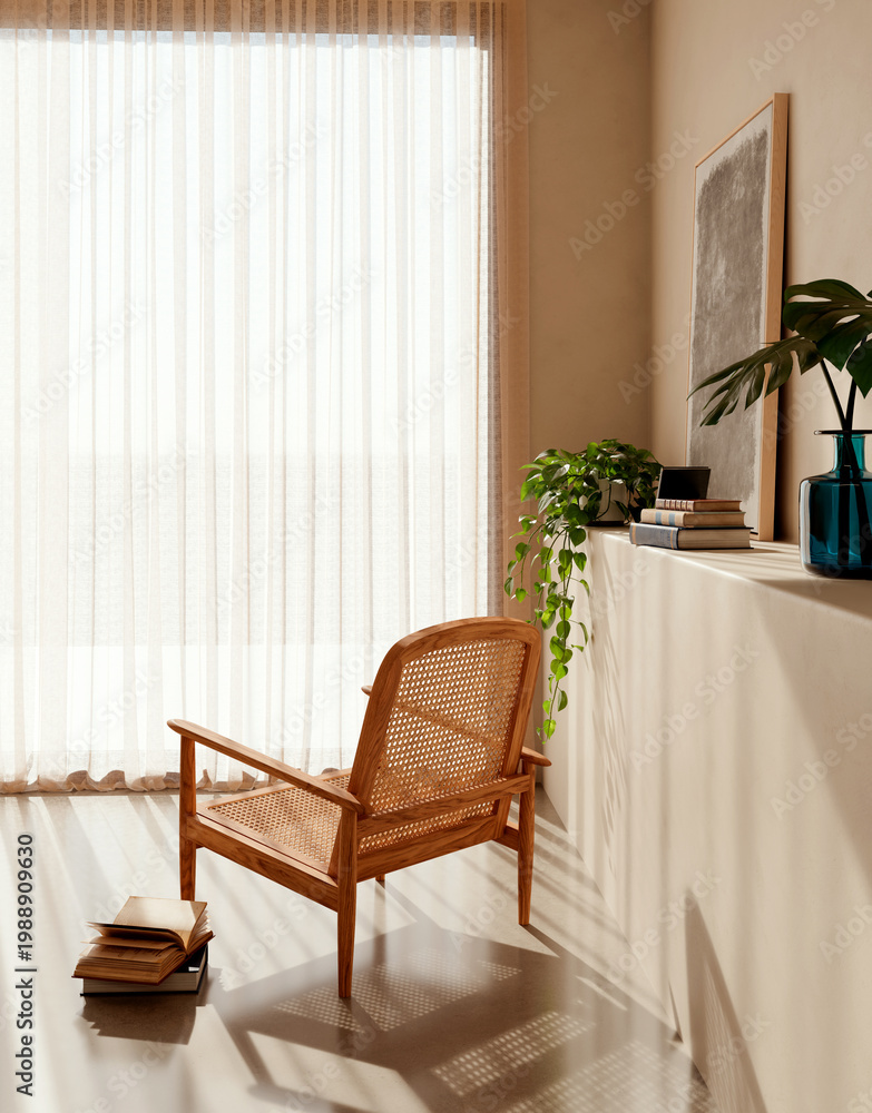 Obraz premium 3D render, illustration Luxury modern living room interior, realistic lighting, wide angle, contemporary furniture, clean lines, minimalist decor, elegant home design, large window
