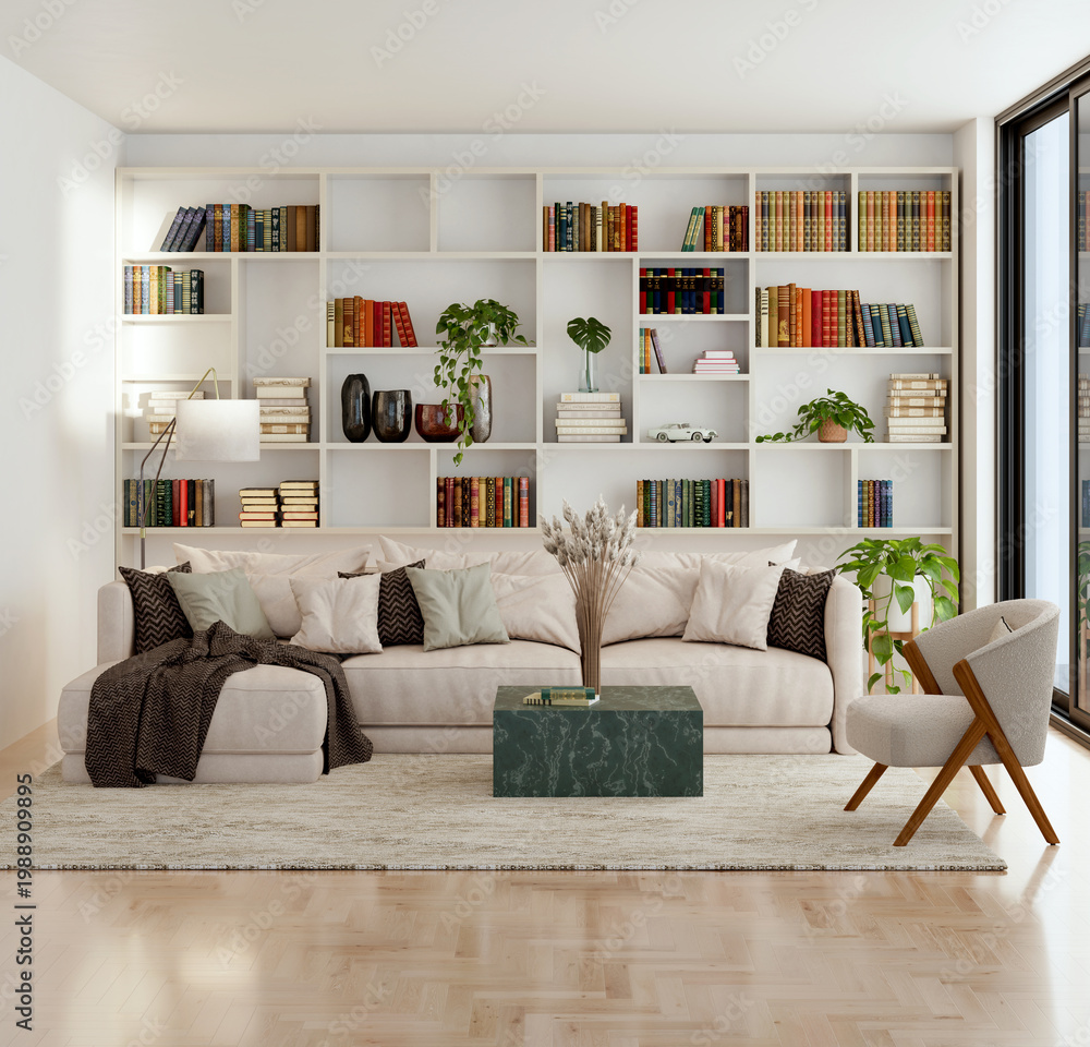 Obraz premium 3D render, illustration Luxury modern living room interior, realistic lighting, wide angle, contemporary furniture, clean lines, minimalist decor, elegant home design, large window