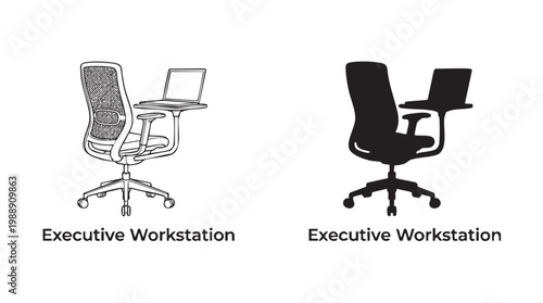 Office Furniture Illustration with Executive Workstation Chair and Laptop Computer in Black and White Silhouette line art vector