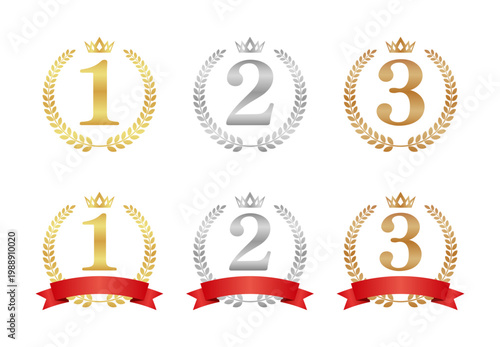1位 2位 3位のランキングバッジ 6点セット | 王冠と月桂樹のエンブレム | 金 銀 銅 ベクター素材