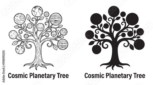 Cosmic planetary tree illustration showing detailed planets and silhouette