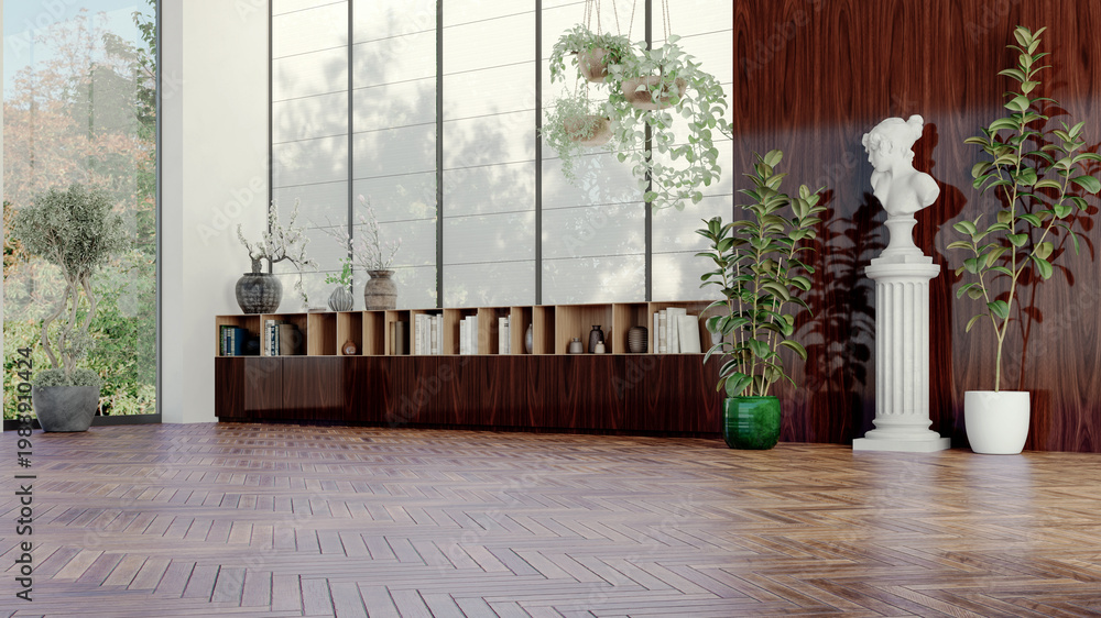 Obraz premium 3D render, illustration Luxury modern living room interior, realistic lighting, wide angle, contemporary furniture, clean lines, minimalist decor, elegant home design, large window