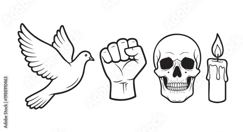 Diverse meaningful outline symbols arranged horizontally silhouette