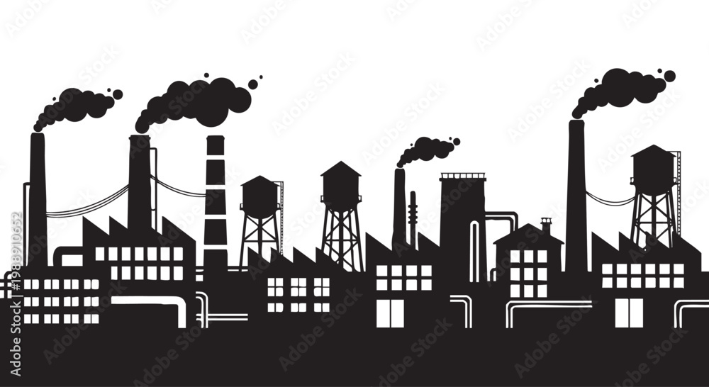 Obraz premium Industrial factory complex smokes with water towers silhouette