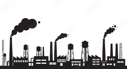 Smoky factory chimneys pollute environment with dark fumes silhouette