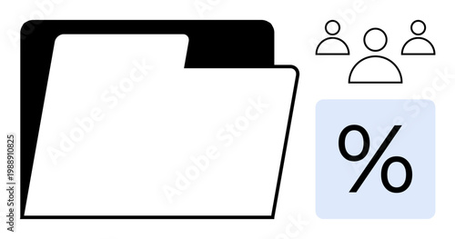 Data organization, statistics, business analysis, information storage, teamwork, productivity. Black folder icon, percentage sign and people figures. Data organization and statistics concept