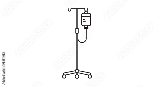 Minimalist IV Stand Vector Icon with Editable Stroke; Black Line Illustration of a Medical Drip Pole on Wheels with Intravenous Fluid Bag for Hospital, Healthcare, and Clinical Treatment Design.