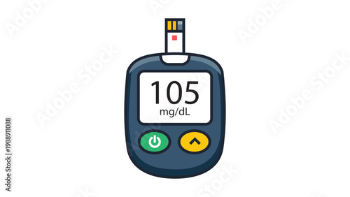 Modern Flat Glucometer Vector Icon with Editable Stroke. Detailed blood glucose meter illustration showing a 105 mg/dL reading on digital display, ideal for diabetes healthcare and medical apps.