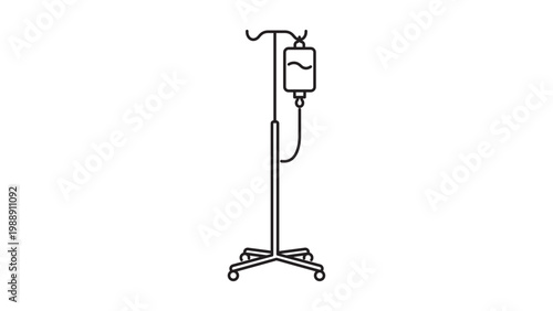 Minimalist IV Stand and Infusion Bag Editable Stroke Vector Icon. A clean black line illustration of medical equipment on a rolling stand for hospital, clinic, and healthcare design projects.