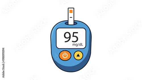 Modern Flat Glucometer Vector Icon for Blood Sugar Monitoring with Editable Stroke. Minimalist illustration of a digital glucose meter showing a 95 mg/dL reading on a clean white background.
