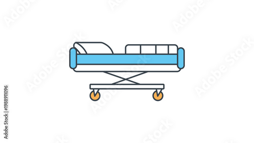 Hospital Bed Stretcher Icon, Flat Vector Illustration of Medical Rolling Patient Cot with Wheels and Pillow, Healthcare Equipment for Clinics and ER, Editable Stroke Vector Graphic on White.
