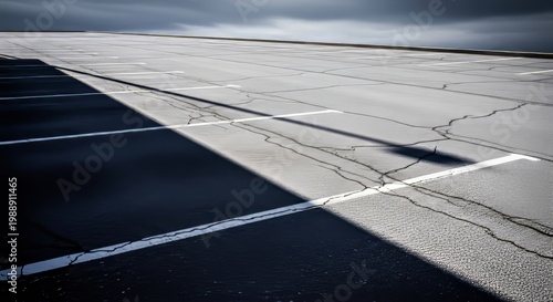 Long shadow stretches across cracked gray asphalt in a vast empty parking lot under a heavy overcast sky, evoking solitude and sorrow, abandonment, concrete, gray