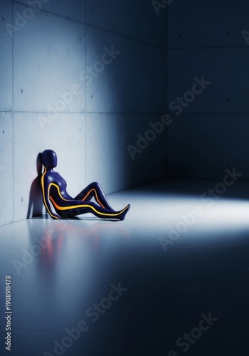 Long shadows stretch across a deserted hallway as a lone shape rests against the cold wall, evoking intense feelings of despair and isolation, atmosphere, dramatic, dark