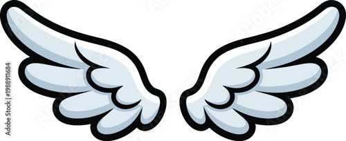 Cute angel wings vector illustration, white wings with blue shading and bold outline for sticker, character design, fantasy icons, and decorative elements