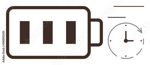 Energy efficiency, time saving, power optimization, technology usage, device charging, sustainable energy. Icon of a battery with charging levels and a clock symbol. Energy efficiency and time saving