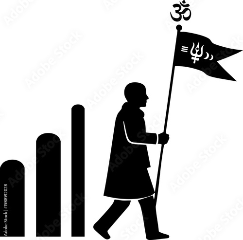 Religious pilgrim silhouette walking with sacred flag and spiritual symbols near structure.