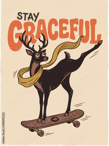 Deer on skateboard with yellow scarf.