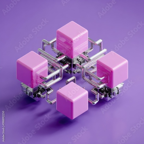 Isometric view of connected pink cubes with silver pipes, atop a purple background