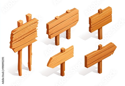 Isometric view of six rustic wooden signs pointing directions on a clean white surface