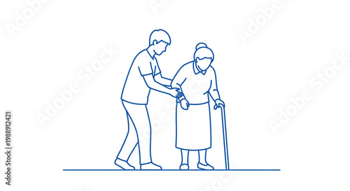 A young man assists an elderly woman with walking providing support and care high quality professional